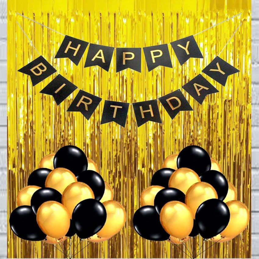 Banner Black, Gold Solid Happy Birthday With Balloons And Curtain Fringe  For Birthday Party Decoration (Set Of 33)