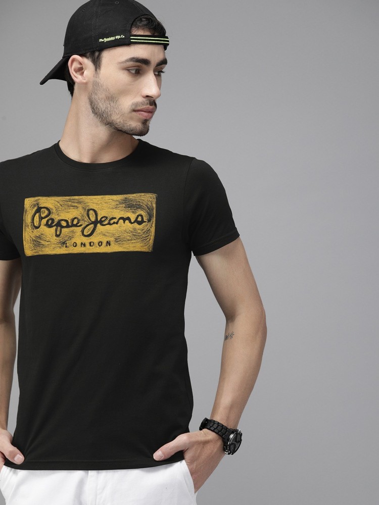 Pepe Jeans Printed Neck - Neck Men Prices T-Shirt Round Black Buy T-Shirt Pepe at in Black India Online Best Printed Men Jeans Round
