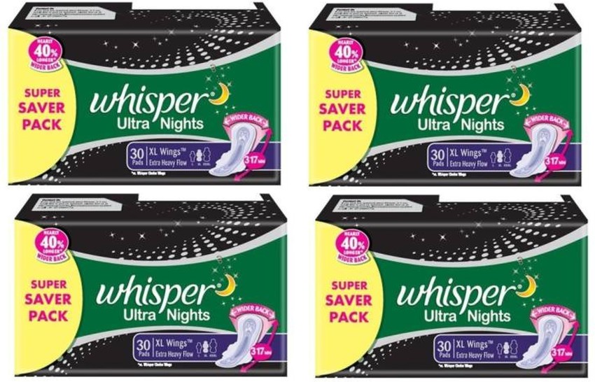 Whisper Ultra Overnight Sanitary Pads with Wings - 30 Pieces (XL