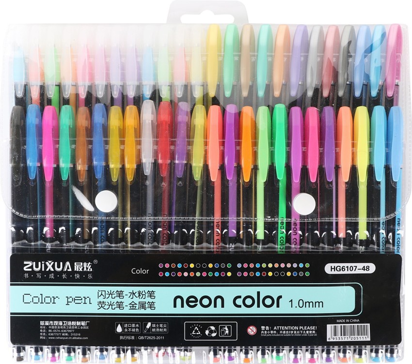48 Gel Pen Set Metallic Pastel Glitter Neon Gel Pens FREE ADULT COLOURING  BOOK