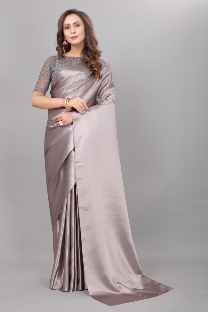 Pandadi Saree Women's Satin Silk Plain Saree With Unstitched Sequence  Blouse Piece, Grey : : Fashion