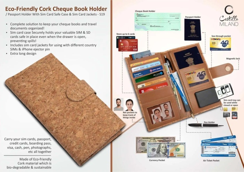 Eco-Friendly Cork All in 1 Passport holder With Sim Card Safe Case & Sim  Card Jackets (with carrying strap) - Castillo Milano