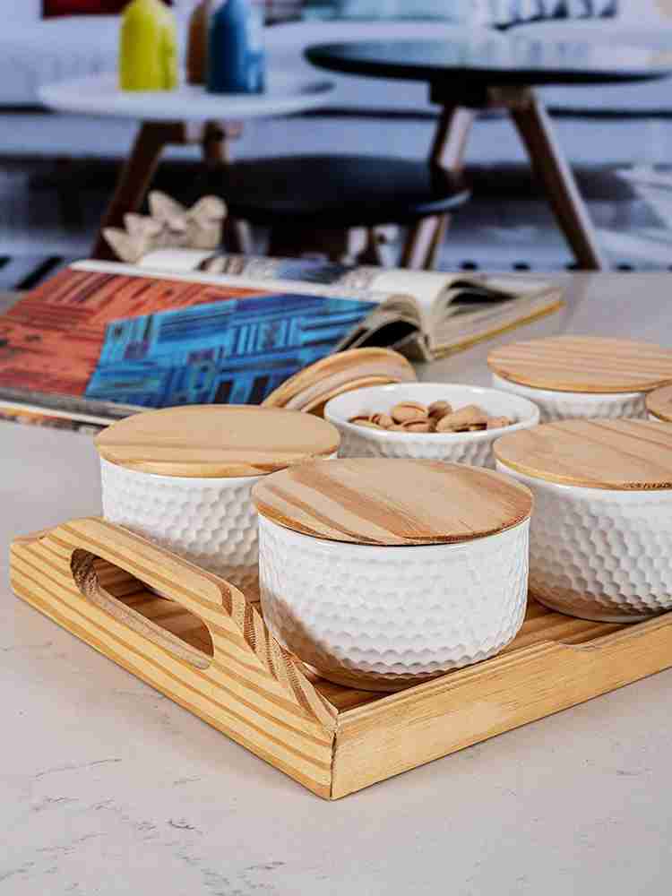 White Gold WHITE GOLD Porcelain Round Bowl with Wooden Tray Lid 7pcs Set of 6pcs Bowl with Lid 1pc Tray WG 372 Bowl Serving Set Price in India Buy White
