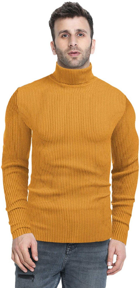 Denimholic Self Design High Neck Casual Men Yellow Sweater