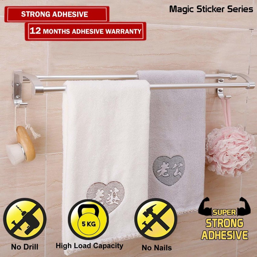 HOKiPO Magic Sticker Series Self Adhesive Double Towel Rod Napkin Holder  for Bathroom - With 2 Hooks 22.83 inch 2 Bar Towel Rod Price in India - Buy HOKiPO  Magic Sticker Series