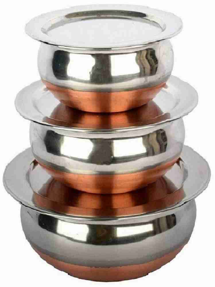  Sumeet Stainless Steel Copper Bottom Belly Shape 5 Pc Tope/ Cookware/Pot Set with Lid 380ML, 500ML, 780ML, 1.1Ltr, 1.4Ltr, (Silver):  Home & Kitchen