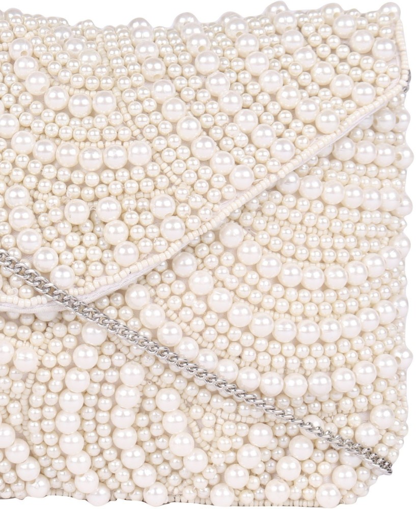 ASTRID White Sling Bag Flapover pearl beaded clutch with metal