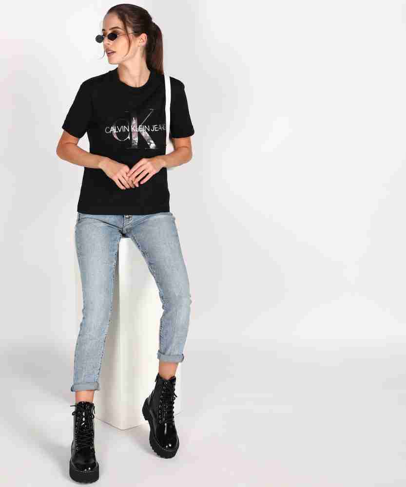 Calvin Klein Jeans Printed Women Round Neck Black T-Shirt - Buy Calvin Klein  Jeans Printed Women Round Neck Black T-Shirt Online at Best Prices in India