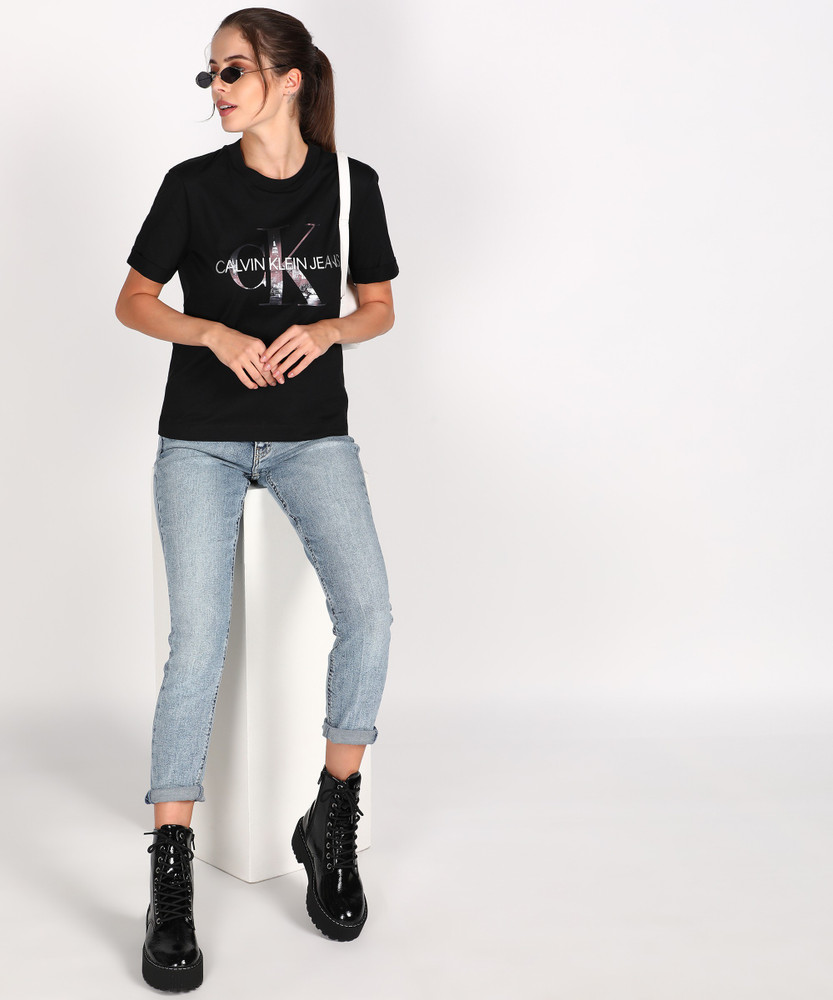 Calvin Klein Jeans Printed Women Round Neck Black T-Shirt