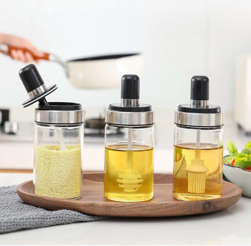 Kitchen Glass Spice Jars Seasonning Box, Condiment Pots Spice Jars with  Spoons, Oil Bottle Honey Jar Dispenser, Airtight Cap Transparent 