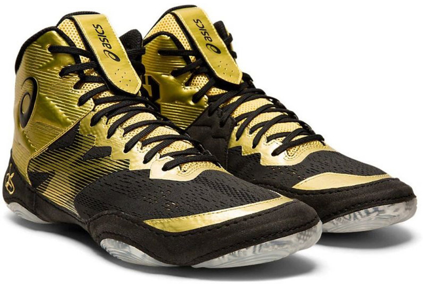 white and gold asics wrestling shoes