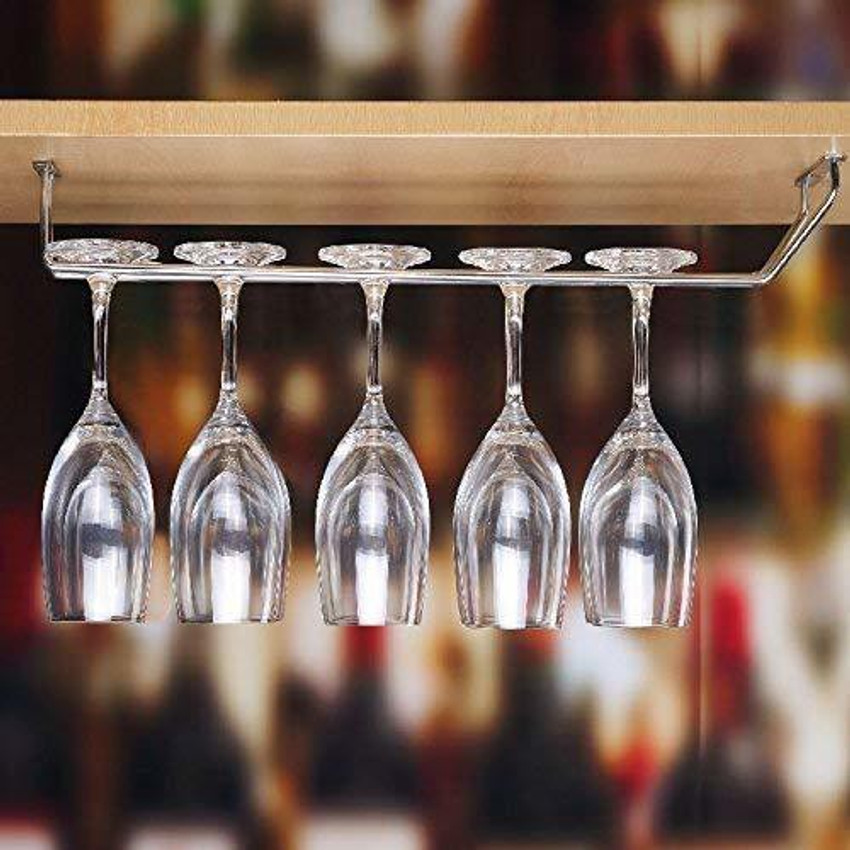 JSD Stainless Steel Wall Mounted Upside Down Wine Glass Holder Rack Upside Down Hanging Stand Organizer for Pubs Bars Single Wine Glass Holder with Wine Bottle Holder Bottle Holder Stainless Steel Gla...