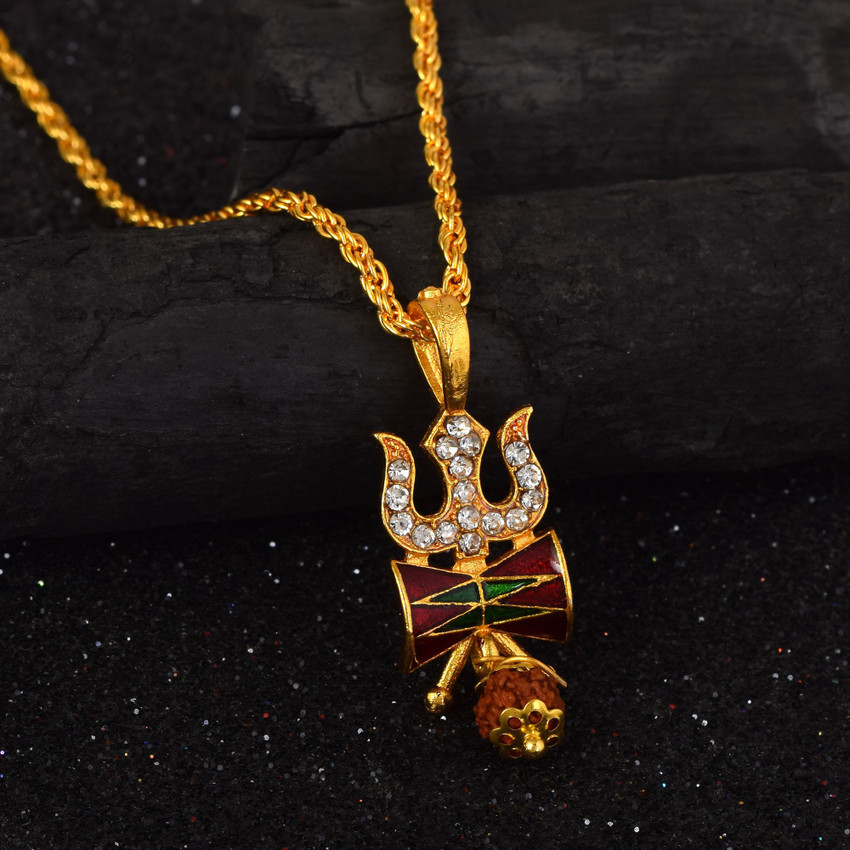 morir Gold Plated CZ Lord Shiv Shakti Trishul Damru Rudraksha Pendant Locket Shiva Symbol Necklace Religious Jewellery for Men Women Gold plated Cubic Zirconia Brass Pendant Price in India Buy morir G...