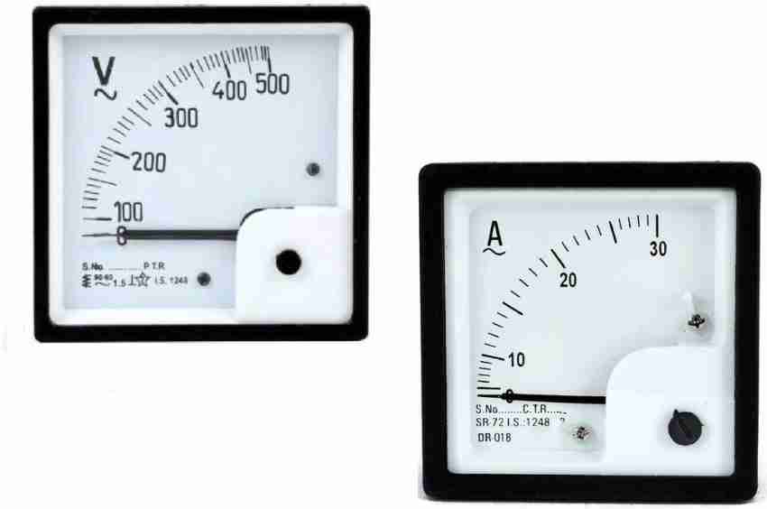 ERH India Analog Ampere Meter (0-30A) Analog Voltmeter (0-500v) AC 72mm  Size Voltmeter