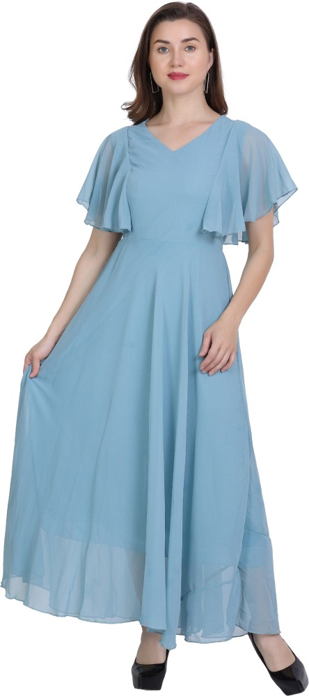 G140, Luxury Sky Blue Ruffle Long Trail Ball Gown, Size - (All) – Style  Icon www.dressrent.in