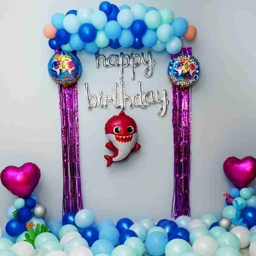CherishX.com Solid Baby Shark Theme Balloons for Birthday  Decoration Combo - Pack of 85 - Baby shark shape, Cursive Happy Birthday  Foil Balloon, Curtain Frills, Pastel & Metallic Balloon, Fairy