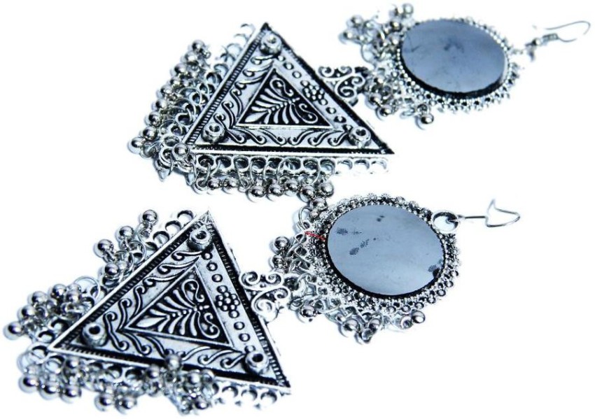 Silver Party Wear Alike Oxidised Jhumka Earrings, Shape: Round Triangle