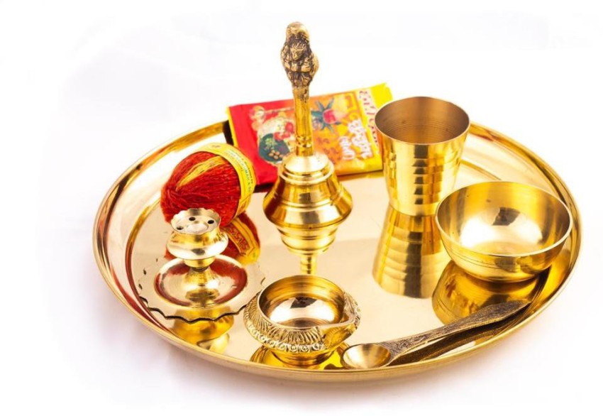 Pure Brass Special Puja Thali Set of 9 Items, for Diwali Poojan/pooja  Room/diwali Gifting 