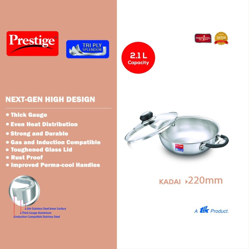 Prestige Platina Induction Base Non-Stick Stainless Steel Kadai, 220mm,  Silver