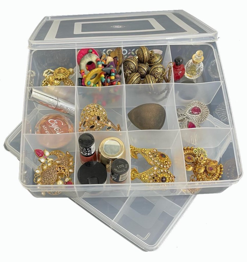 CSM Jewellery Case Organiser Multipurpose Plastic Storage Box with dividers  12 Grids, Big Size Transparent (Pack of 2 Boxes) jewellery Vanity Box