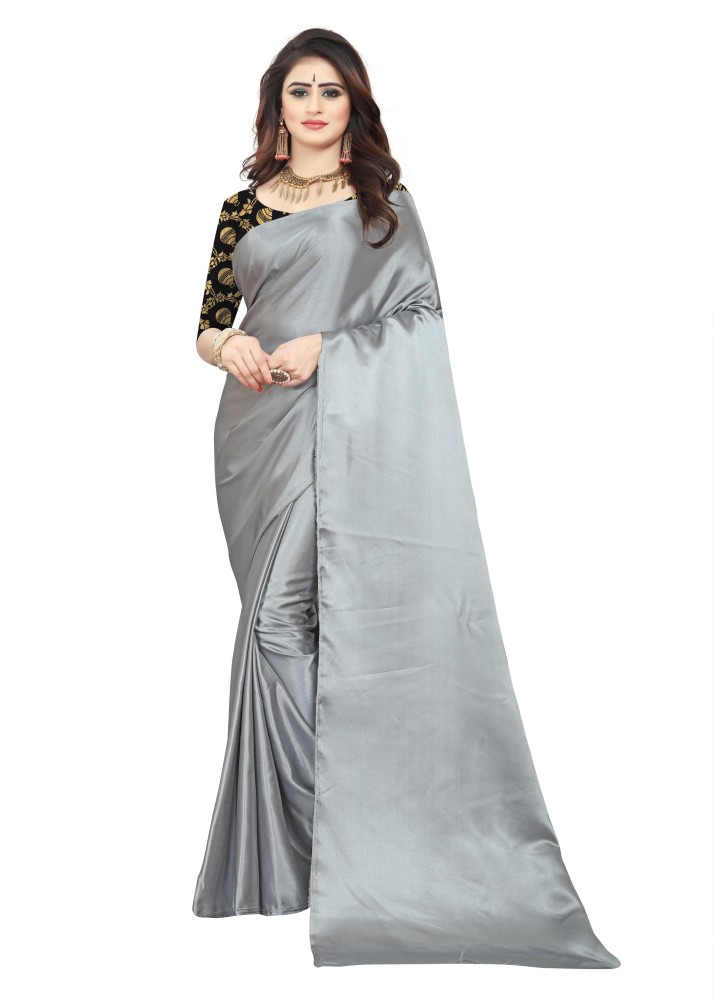 Women Plain Weave Georgette Satin Stripes Pattern Solid Saree with