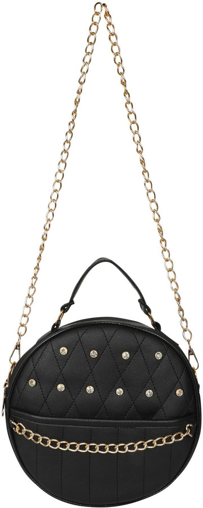 Pramadda Pure Luxury Black Sling Bag Casual Studded Round Shape Chain Sling Bag for Women girls Daily Use casual messenger Crossbody Travel Small Bag Leather Sling Bag Women sling bag for