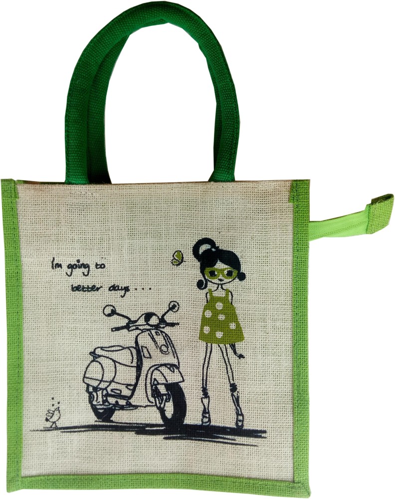 Mats Avenue Hand Made Printed Jute Multipurpose Bag for  Carrying Lunch and Refreshments Green Color With Zip and Handle Lunch Bag - Lunch  Bag