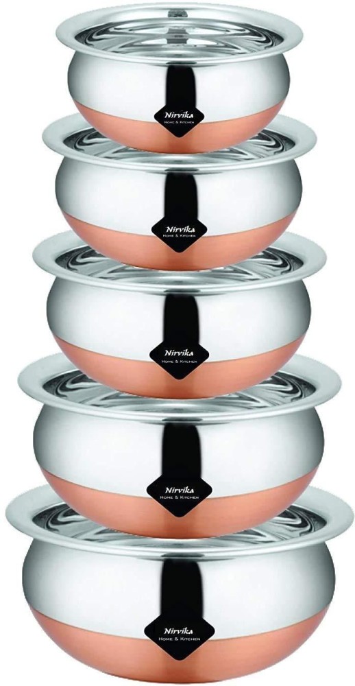 Stainless Steel Copper Bottom Kitchen Serving, Cooking Bowl Handi Set  5-pieces Biryani Handi 