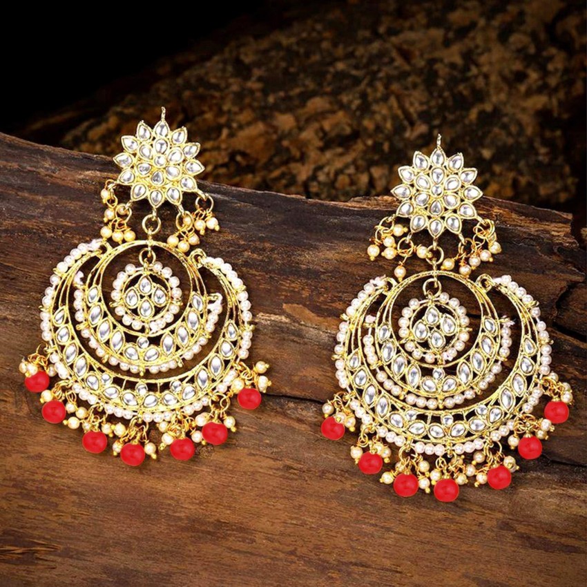 Gold plated kundan inspired pearl big chandbali earrings