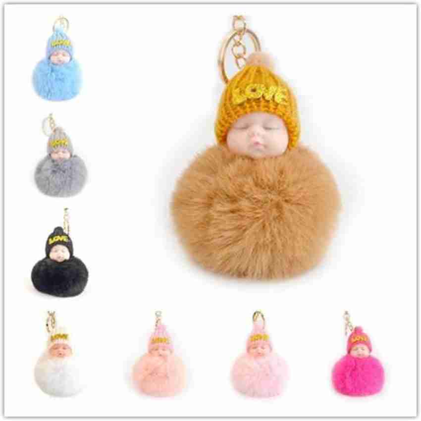 home cute small soft touch pom pom fluffy sleeping baby doll keychain/key  pendant ornaments /hangign key ring for bag accessories ki chain