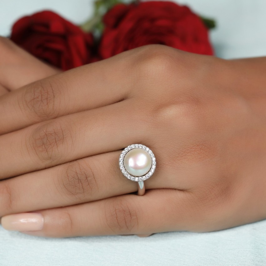 Pearl Engagement Ring with Leaves in Sterling Silver