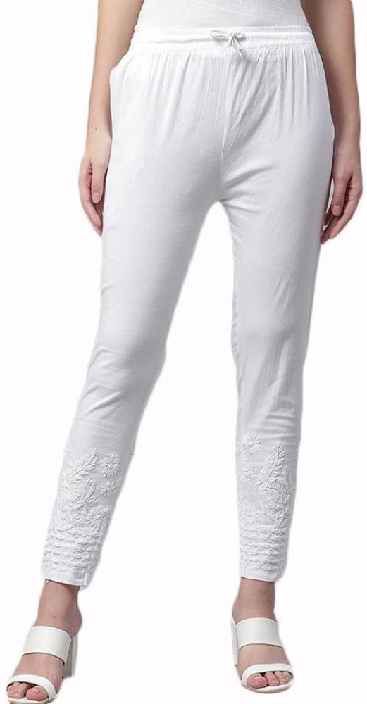 Lucknow Chikankari Handmade White Stretchable Cotton Pants for Girls