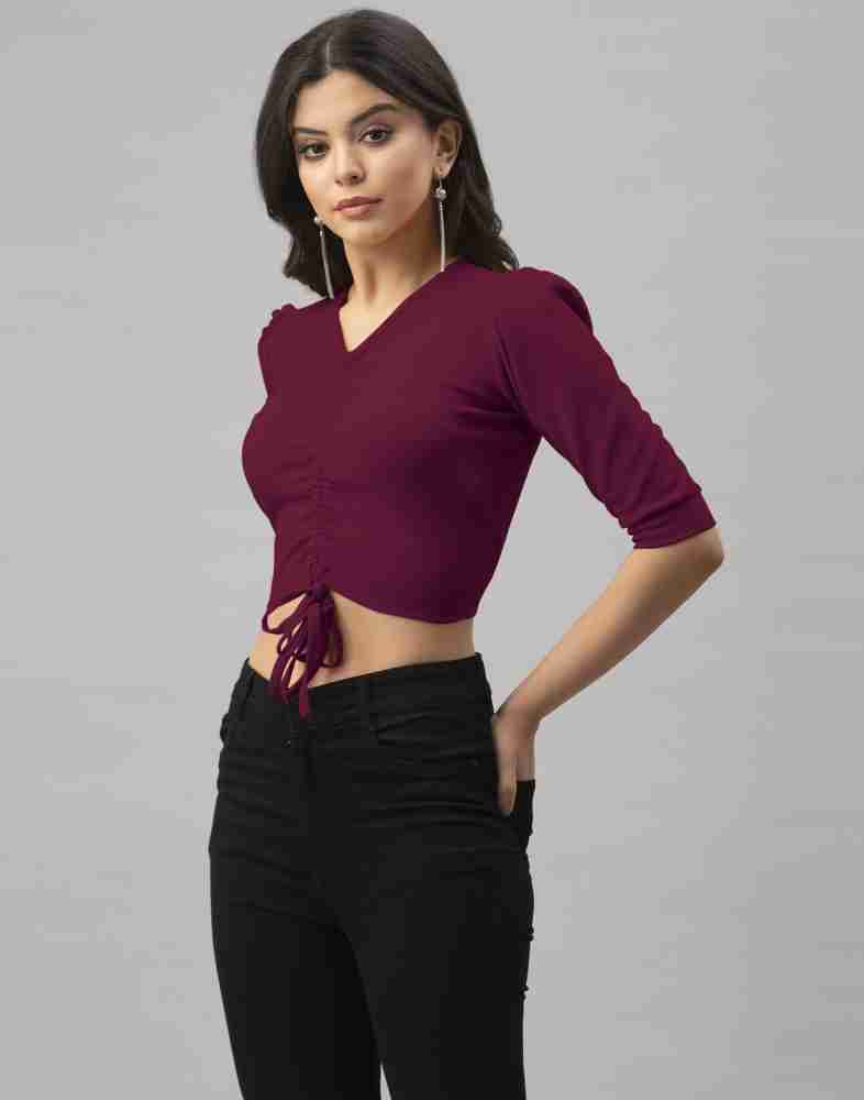 Selvia Casual Puff Sleeve Solid Women Maroon Top - Buy Selvia 