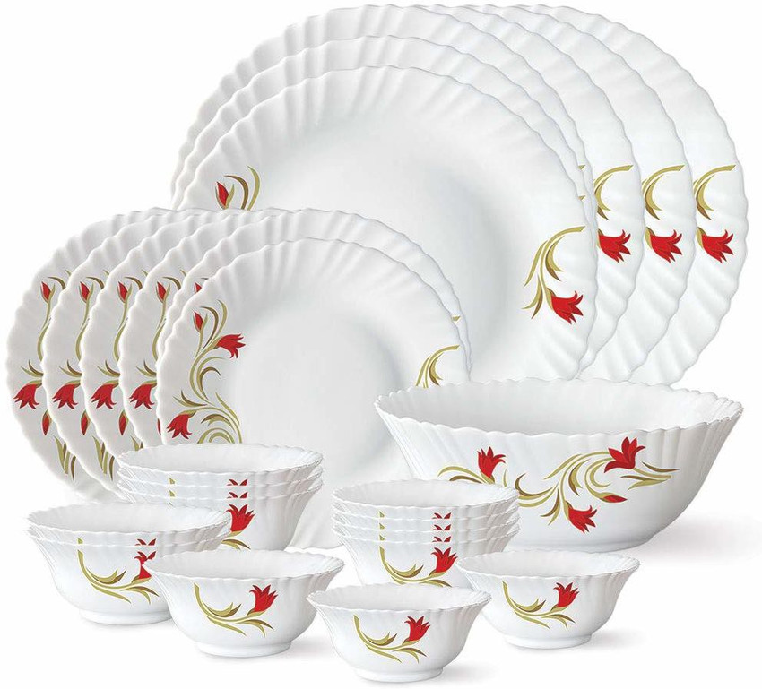 Larah by Borosil Pack of 33 Glass larah Pack of 33 Opalware Red Lily Opal Glass dinner set 33 pcs Dinner plate 11 6 pcs Quarter plate 6 pcs Oval platter
