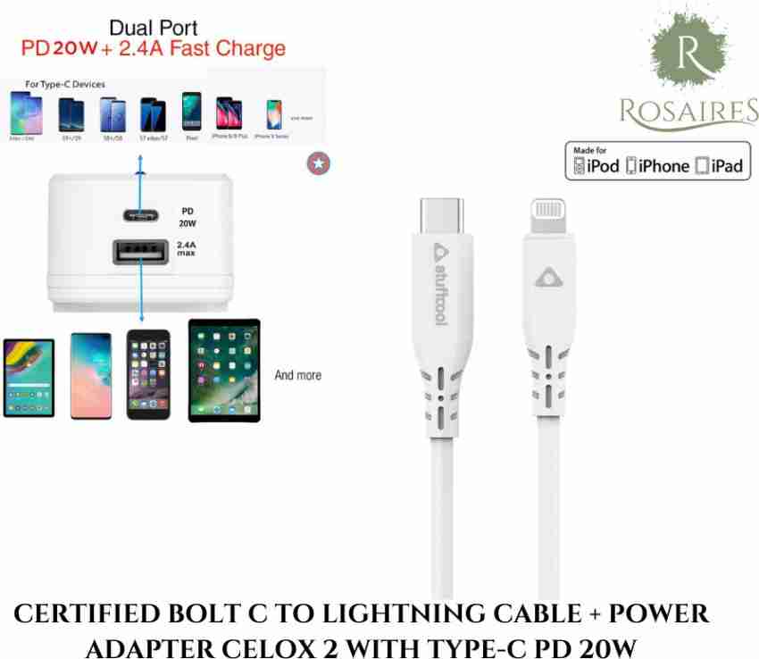 STUFFCOOL Lightning Cable 2.4 A 1.2 m Celox 2 20W Dual Port USB Wall  Charger Adapter with Type-C PD 20W + Bolt MFI Approved Type C to Lightning  Cable - STUFFCOOL 