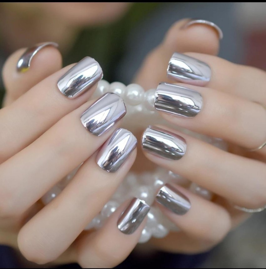 Silver, Gold and Rhinestone French Nails - Polar Bear Style