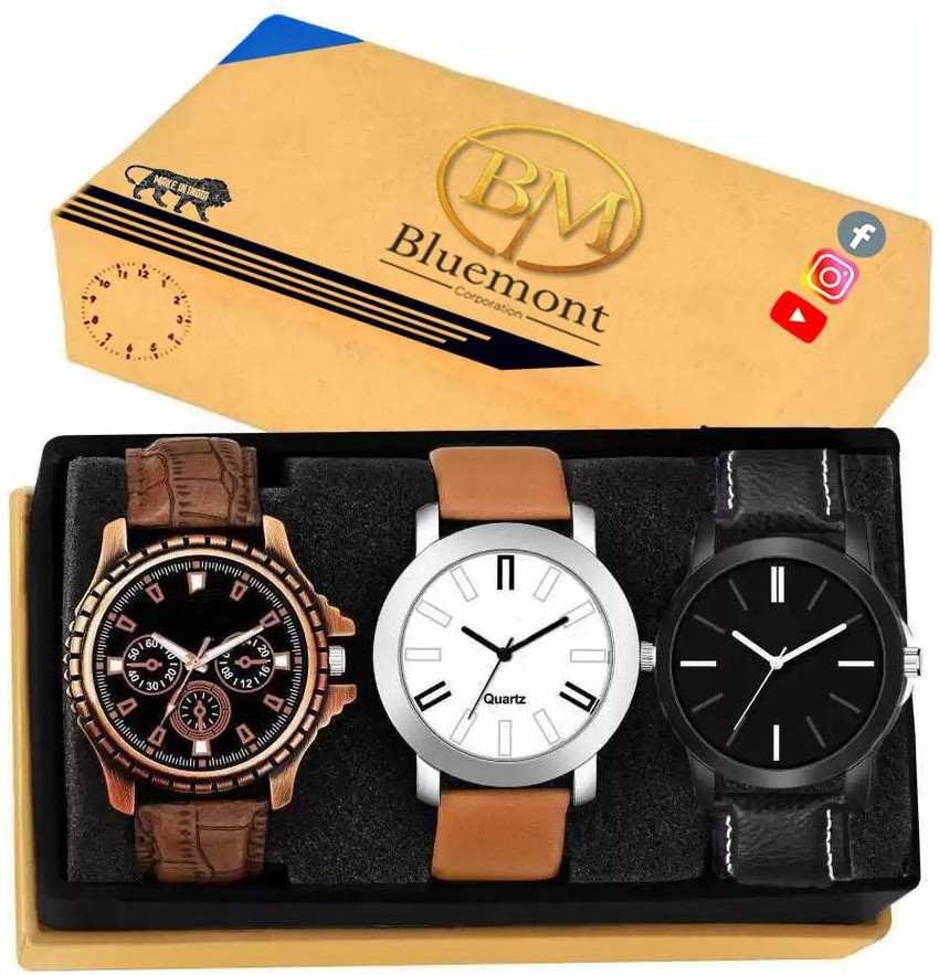 Bluemont Casual 3 Leather Brown Black Analog Watch combo for Men Men Combo Watch Analog Watch For Men Buy Bluemont Casual 3 Leather Brown Black Analog Watch combo