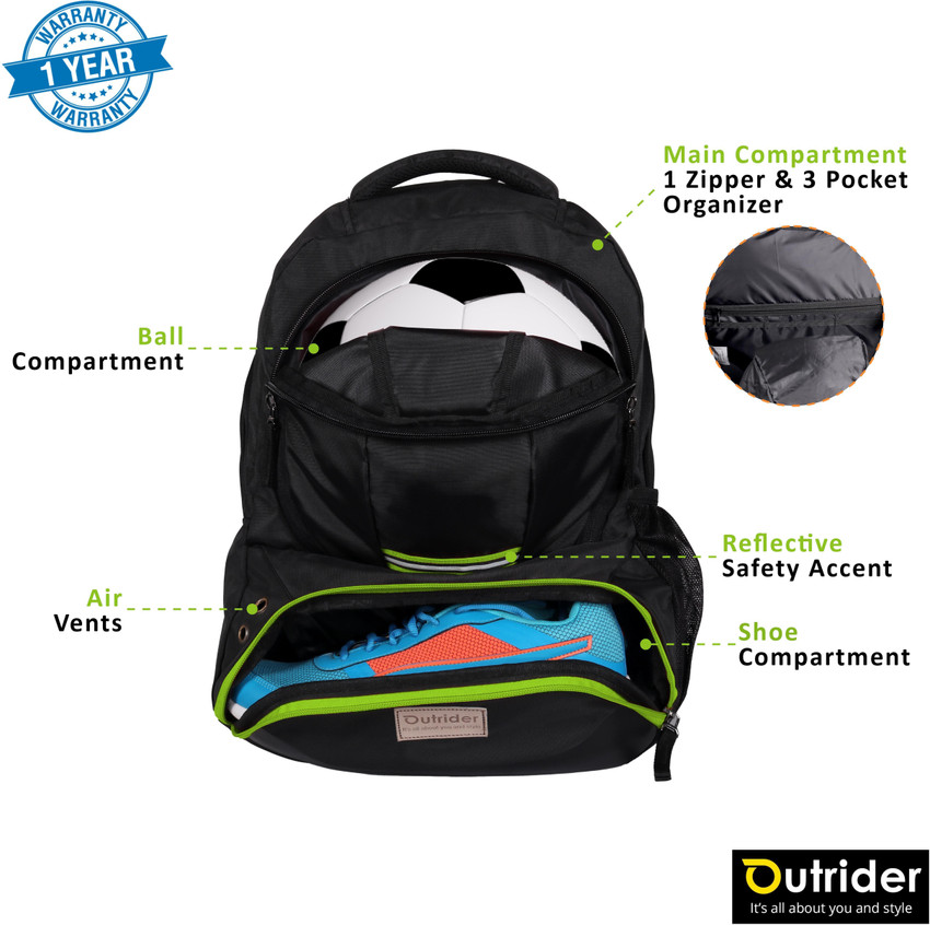 Outrider Sports Youth Soccer Bag Soccer Backpack Bags for Basketball Volleyball Football Includes Separate Cleat and Ball Compartment 30 L Backpack Black Green Price in India Flipkart