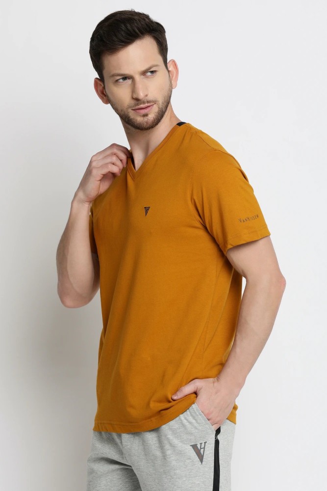 VAN HEUSEN Solid Men V Neck Yellow T-Shirt - Buy VAN HEUSEN Solid