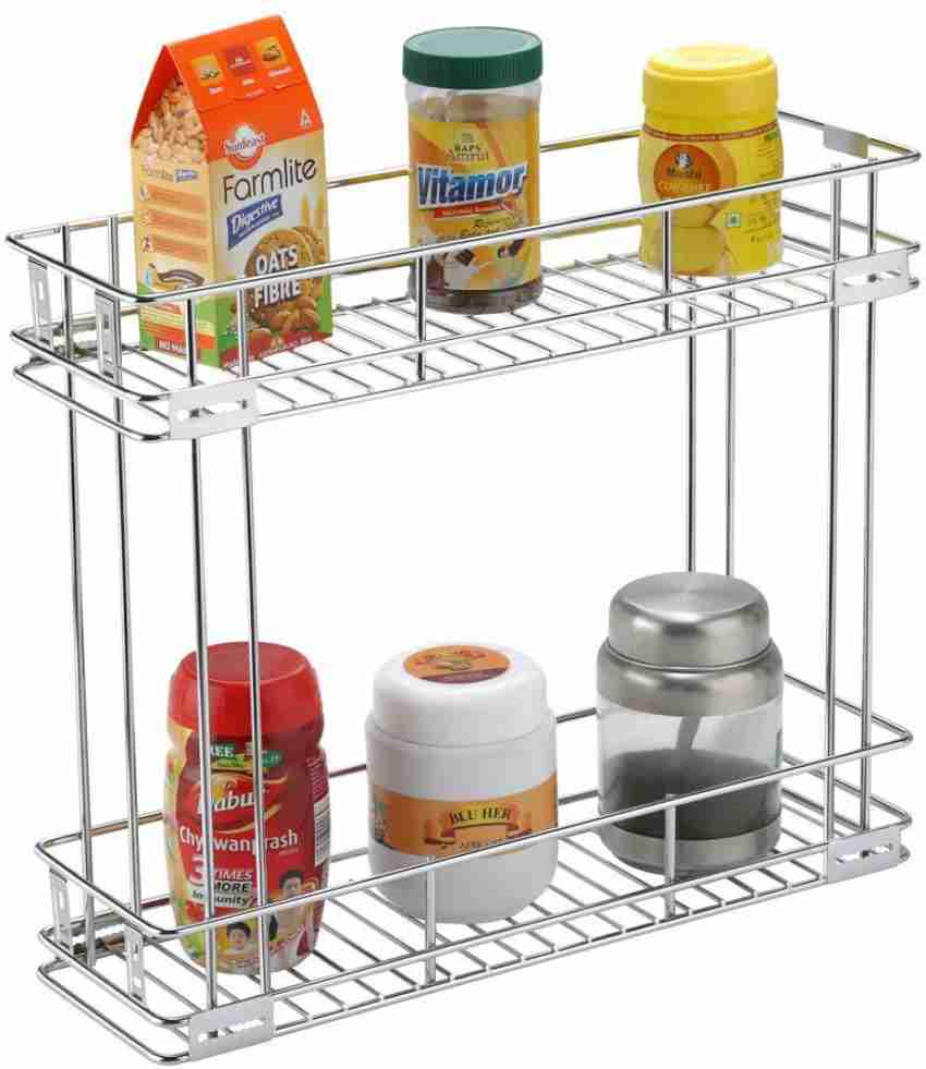 2 Tier Chrome Pull-Out Slide Basket Rack Spice Bottle Holder