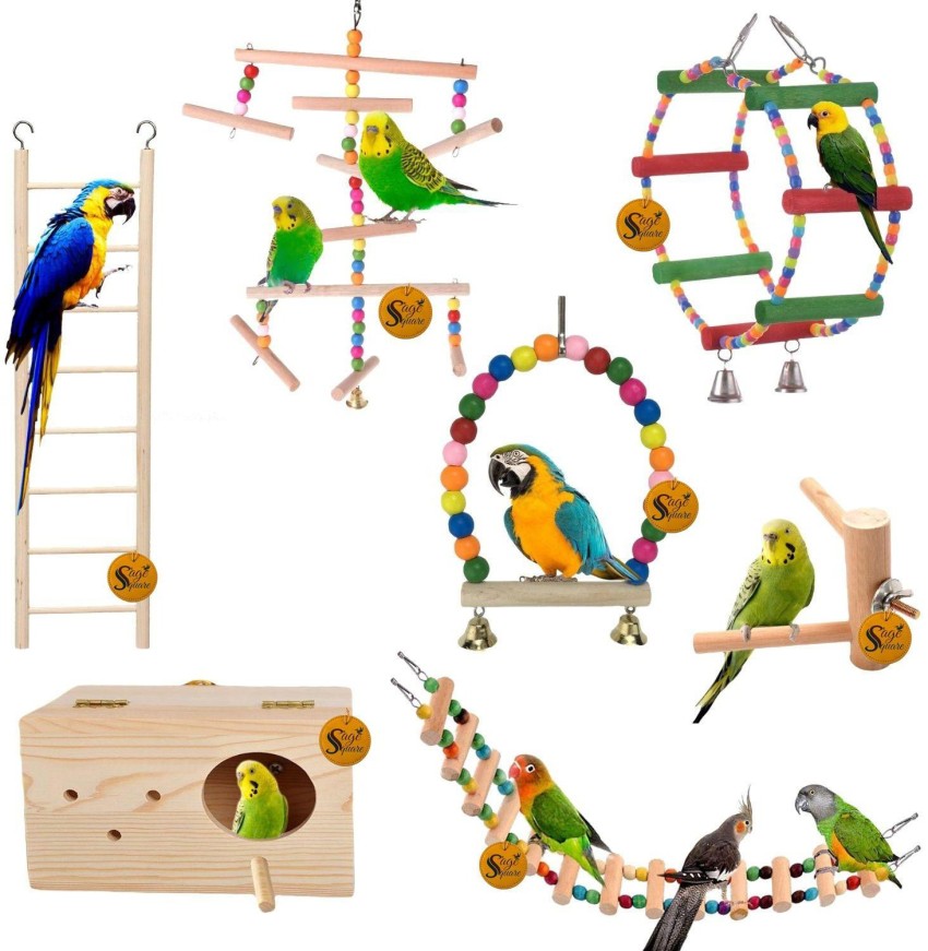 Sage Square Wooden Bird Toys Combo Breeding Box Ladder Wheel