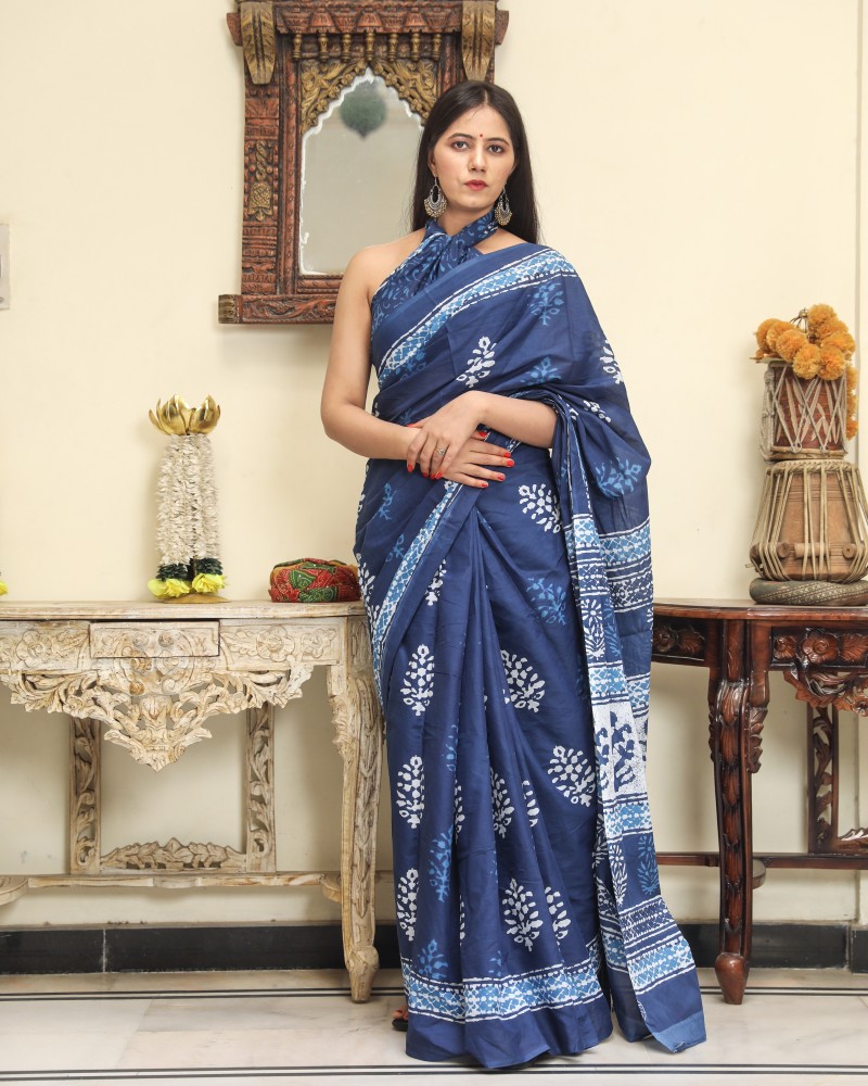 Buy Pallo Latke Blocked Printed Daily Wear Pure Cotton Blue Sarees