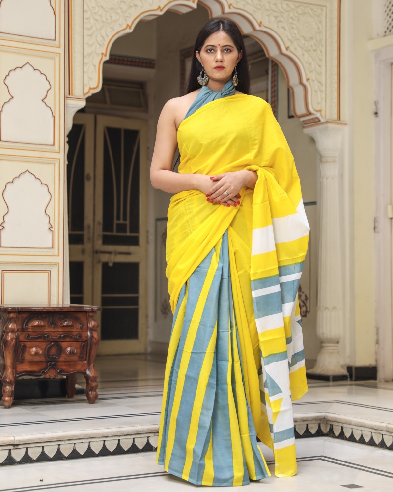 Buy Indradhanush Printed Bollywood Pure Cotton Yellow Sarees