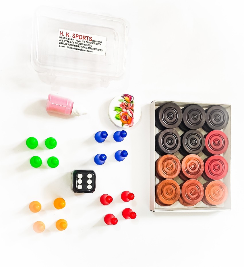 GKC Ludo Goti with Dice Shaker and Arcyclic Carrom Coin with striger and  Carrom Powder,Black, red,white,green.yellow,blue