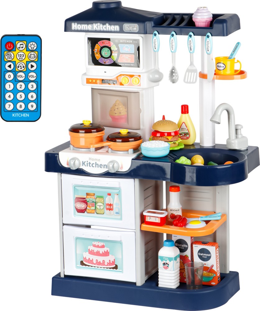 Costway Kids Play Kitchen Set 69PC Kitchen Playset Toys W/ Realistic Lights  & Sounds Blue