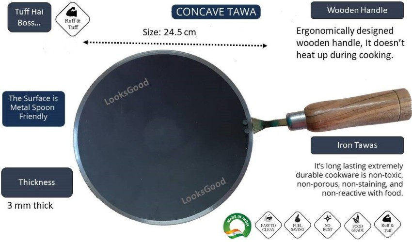 SHARVGUN Iron Concave Black Tawa/Tava for Roti Chapathi Paratha Fulka/Naan  with Strong Wooden Handle Original Handmade Loha Iron Omelette Color