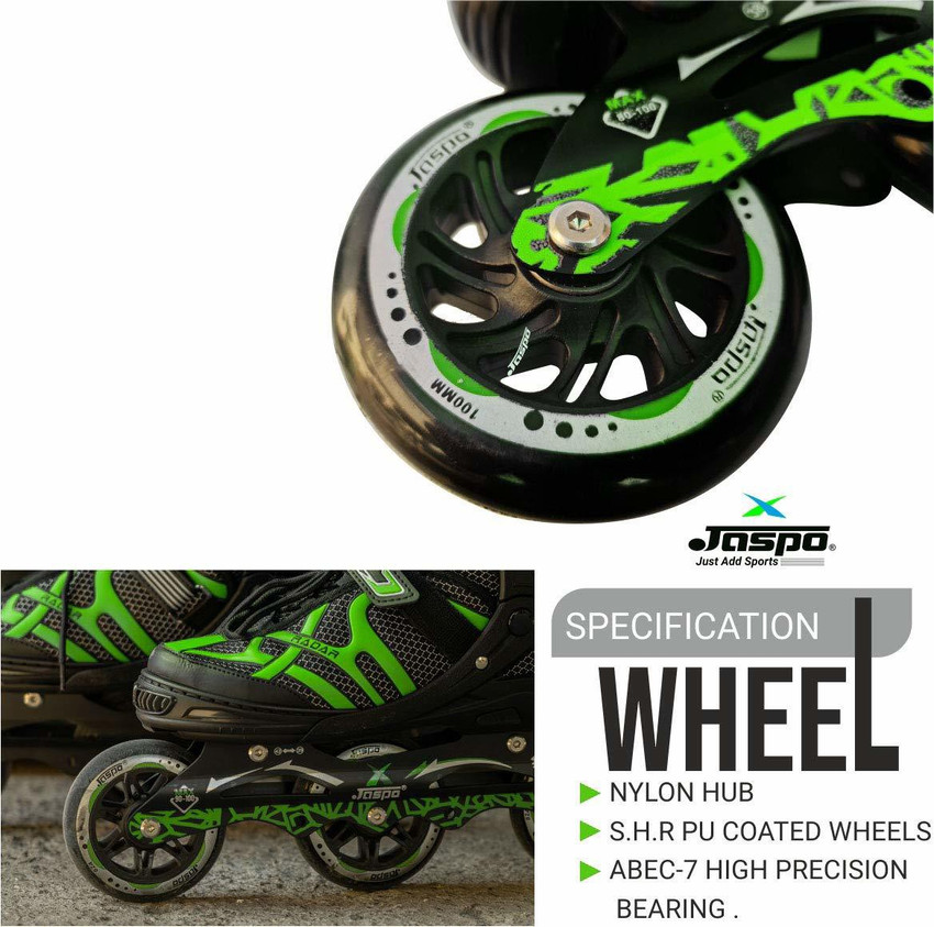 Jaspo RADAR GREEN ADJUSTABLE INLINE SKATES WITH 100 MM PU WHEEL FOR 9 TO 12 YEARS In line Skates Size 3 5 UK