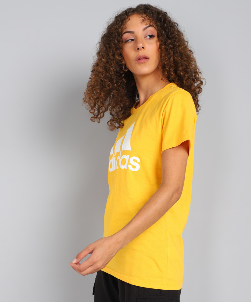 ADIDAS Printed Women Round Neck Yellow T Shirt