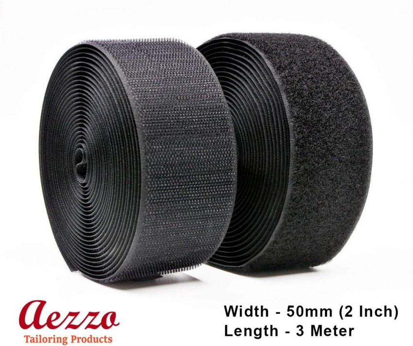 Aezzo Black Velcro Hook + Loop Sew-on Fastener tape roll strips 3 Meter  Length 2 Inch (50mm) Width. Use in Sofas Backs, Footwear, Pillow Covers,  Bags, Purses, Curtains etc. (3 Meter Black)