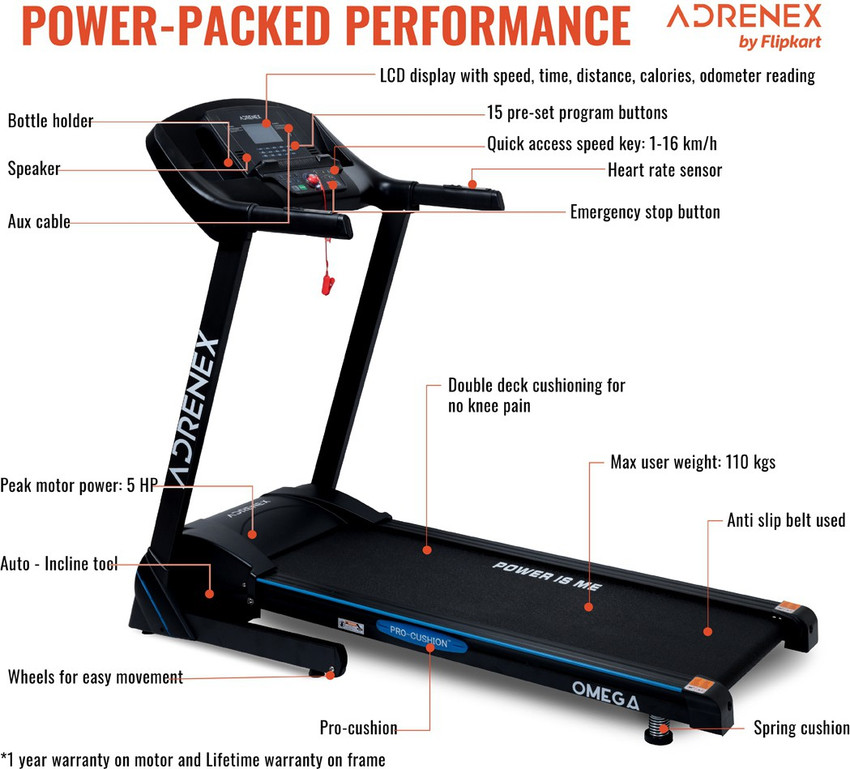 Adrenex by Flipkart Omega Pro 5HP AutoIncline Motorized with Pro Cushioning Safe for Knees 15 Preset Programs Treadmill Buy Adrenex by Flipkart Omega Pro 5HP AutoIncline Motorized with Pro Cushioning
